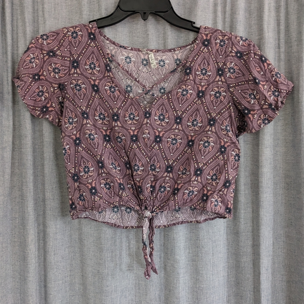 Mudd Crop Top Women's S Tie Front Floral Fairy Grunge Festival Cottage Purple